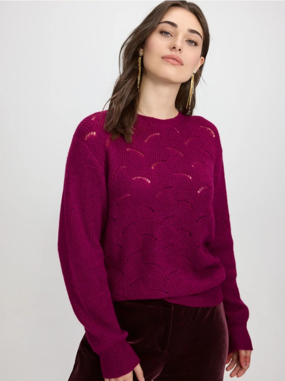 EUC Laura Open Knit Metallic Sweater in Raspberry Wine Long-Sleeved Size Medium